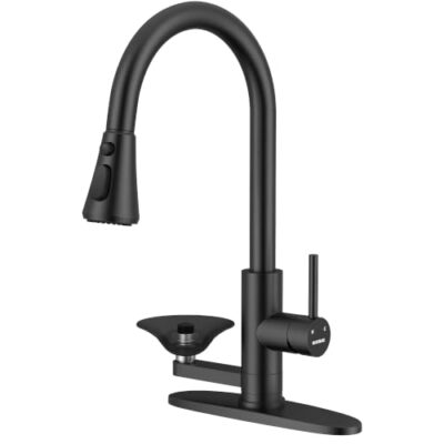 Kitchen Faucet with Glass Rinser, Pull Down Sparyer, 3 Water Modes | Single Handle, 1- or 3-Hole Sinks, Lead-Free, SUS 304 Stainless Steel, Deck Plate, 360° Swivel Spout, Matte Black