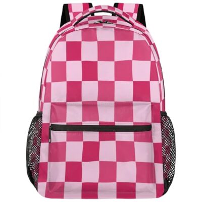 VQUVQV Checkered Backpack for Women Men, Fashion School Backpack for Kids Teens, Pink Checkered Laptop Backpacks Bookbag for Travel Work