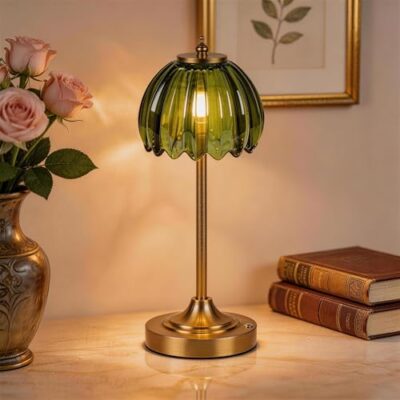 LCZXUXU Rechargeable Cordless Table Lamp, 3 Color Temps & Stepless Dimming | 5200mAh Battery Glass Table Lamp, Touch Control & Portable, for Bedroom/Desk/Kitchen/Living Room, Home Décor Gift-Green Tulip