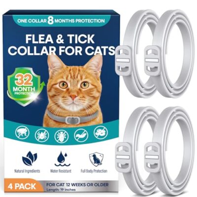 Flea and Tick Collar for Cats 4 Pack, 8 Months Protection, Plant-Based Ingredients, Water-Resistant, Adjustable & Lightweight, Suitable for Adult Cats & Kittens, White