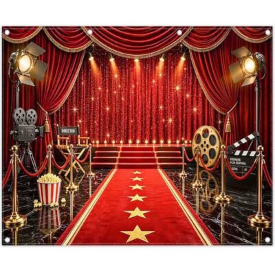 ZTHMOE Fabric 10x8ft Red Carpet Curtain Backdrop Movie Night Background | Glitter Spotlight Fashion Show Events, Film Stars Photography Banner, Birthday Graduation Party Decorations, VIP Photo Props