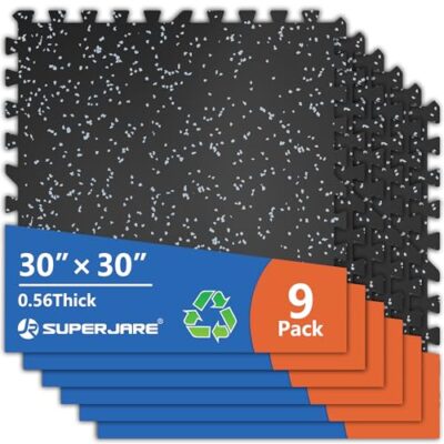 SUPERJARE 30″ x 30″ Large Exercise Equipment Mats, 0.56″ Thick Workout Mat | 56.3 Sq Ft Interlocking Gym Flooring for Home Gym, Rubber Top with High Density EVA Foam, Heavy Weight, 9 Tiles, Black/Grey
